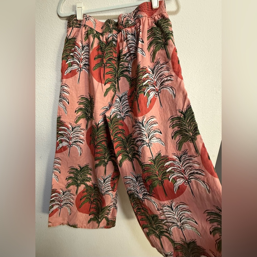 Made by Imported Flax 100% Coral Linen Sz S Palm-Print Pants Wicking Resortwear